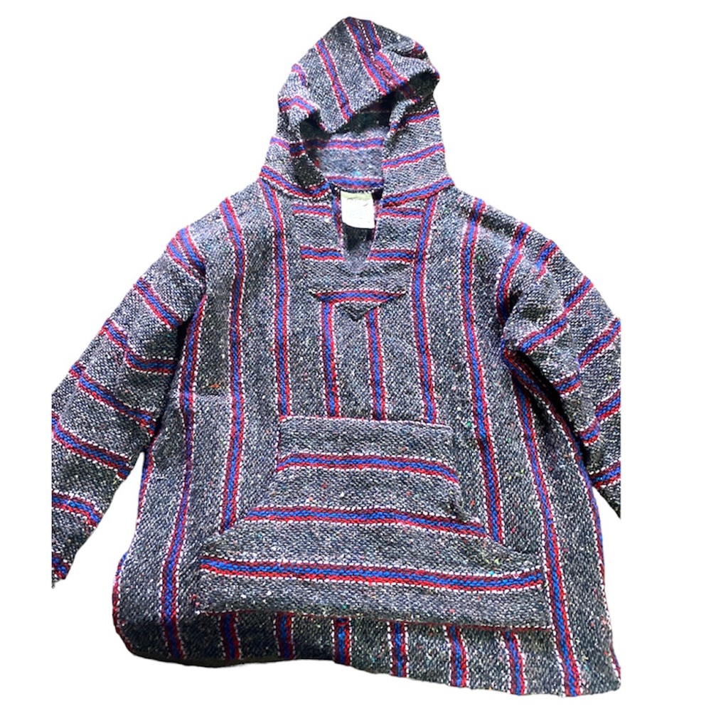 Frank's Textiles Hooded Pullover Poncho Small Gray/Wh/Red Baja Surfer/Skater EUC